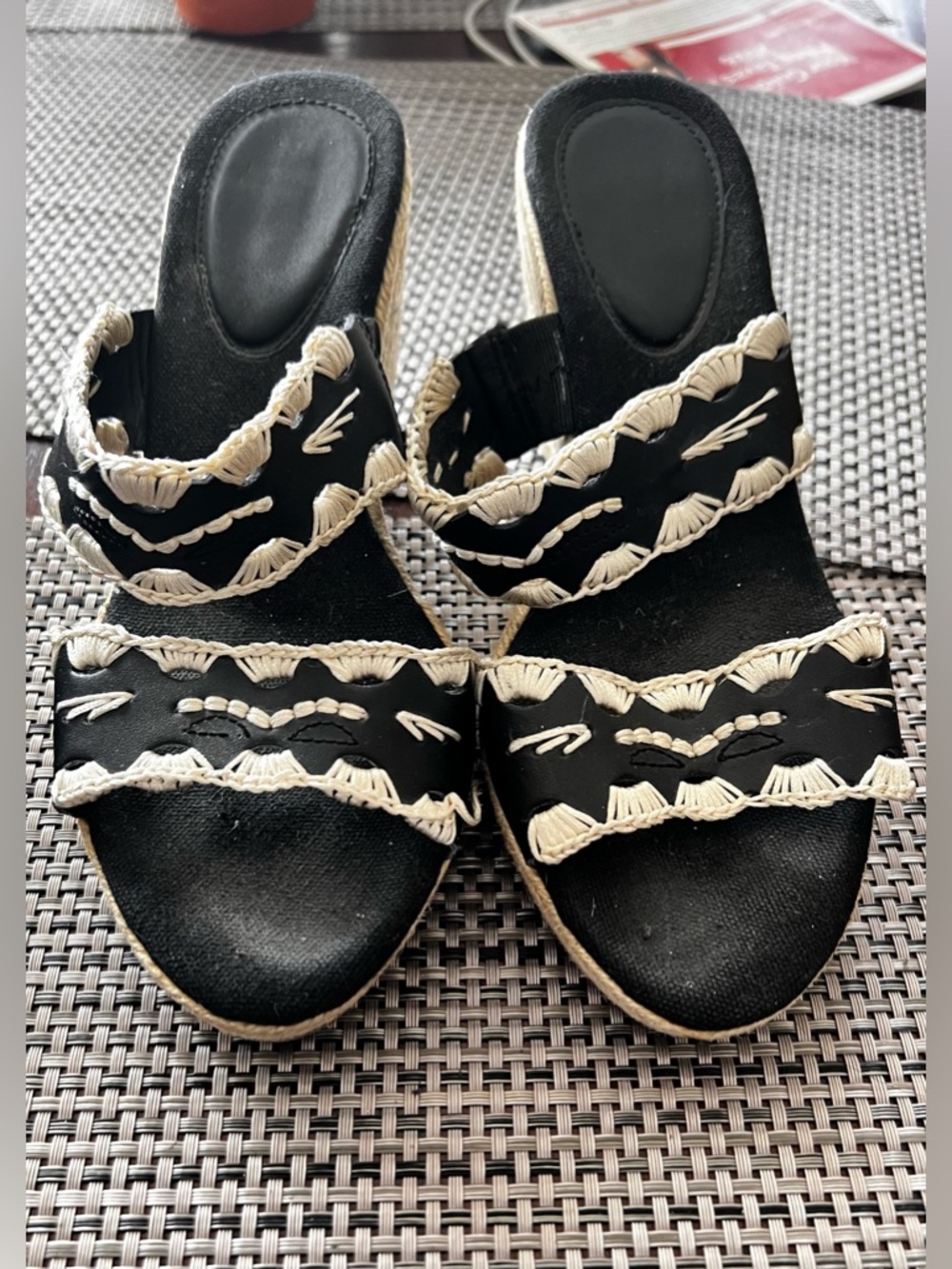 Black and Cream Embroidered Women's Slide Sandals